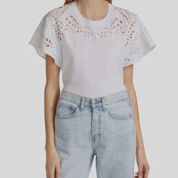 7 FOR ALL MANKIND White Round Neck Eyelet Short Sleeve Top, M. NWT - Picture 13 of 13